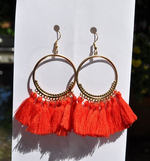 Unbranded Jewelry - Round Gold-tone Hoop Boho Gypsy earrings with red tassel fringe